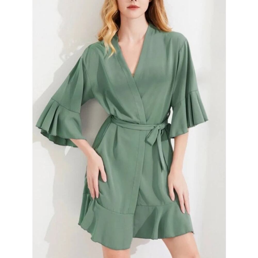 Birdy Grey Kenny Matte Belted Dressing Robe M/L Eucalyptus Green Bridesmaid Soft